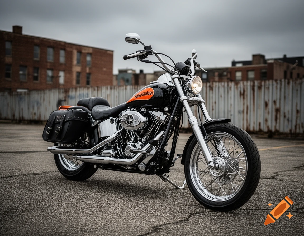 A black and orange Harley Davidson motorcycle with chrome details parked in an outdoor lot, with brick buildings in the background.