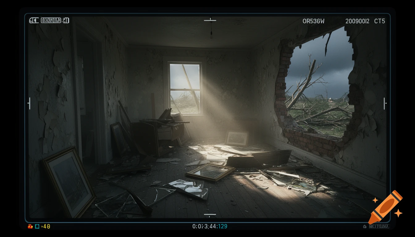 CCTV view of a destroyed room with peeling walls, broken glass, and sunbeams, looking out through a torn wall at fallen trees and a stormy sky.