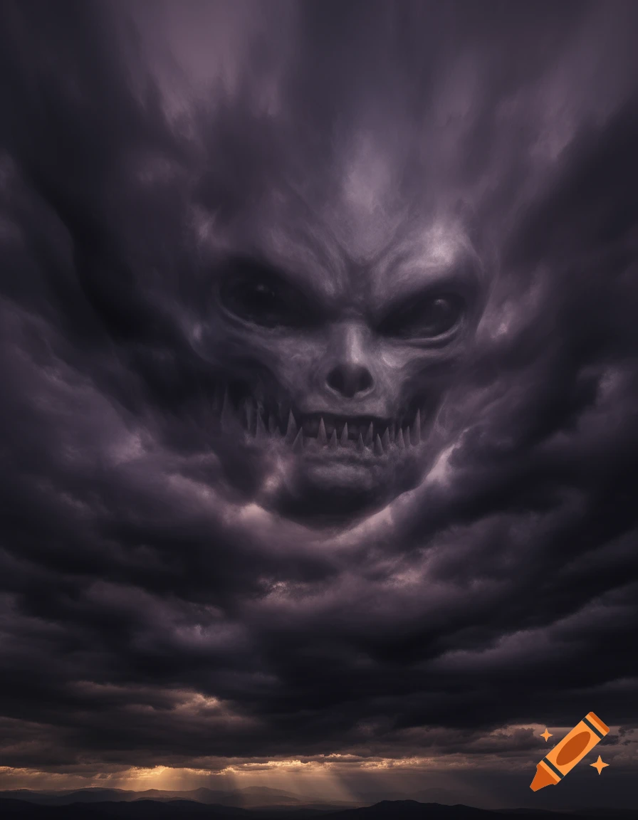 Ominous dark clouds form a menacing alien face with jagged teeth, above a sunset-lit mountain range.
