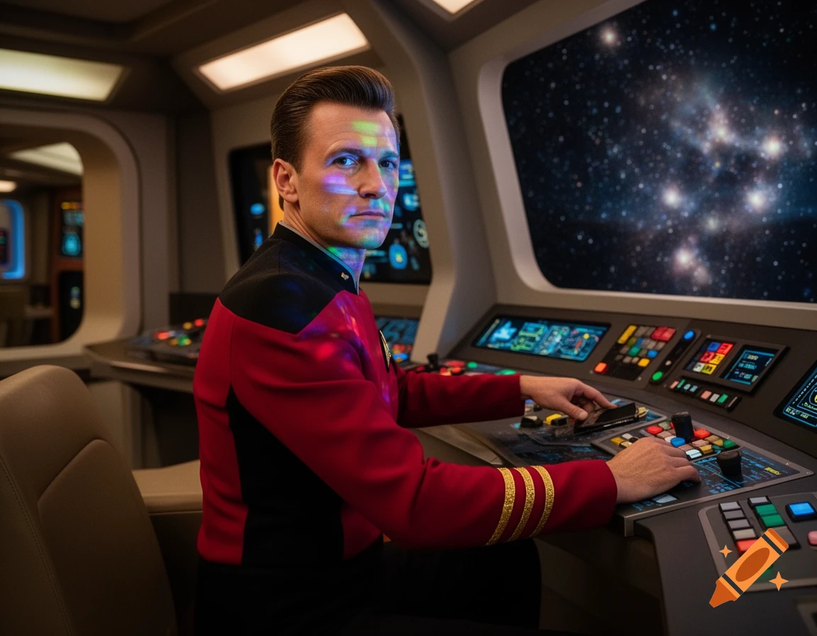 A man in a red Starfleet uniform sits at a spaceship's control panel, colorful lights reflecting on him, with a starfield visible through the window.