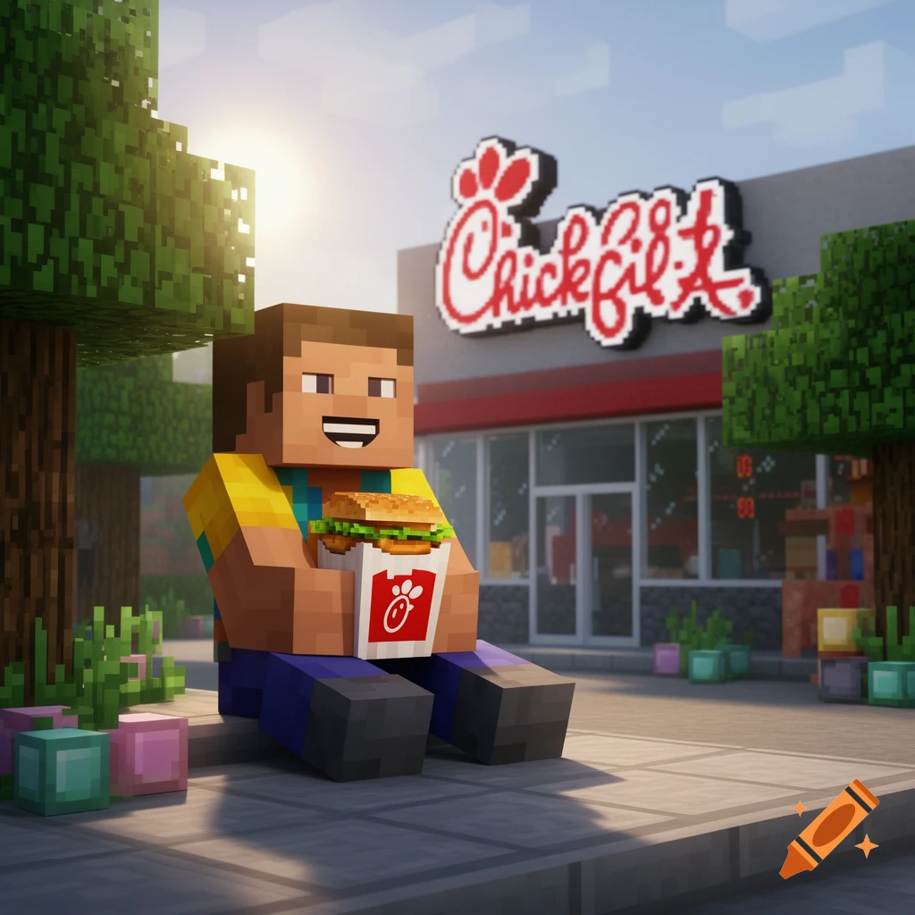 A Minecraft character sits outside a Chick-fil-A restaurant, holding a Chick-fil-A sandwich and smiling.