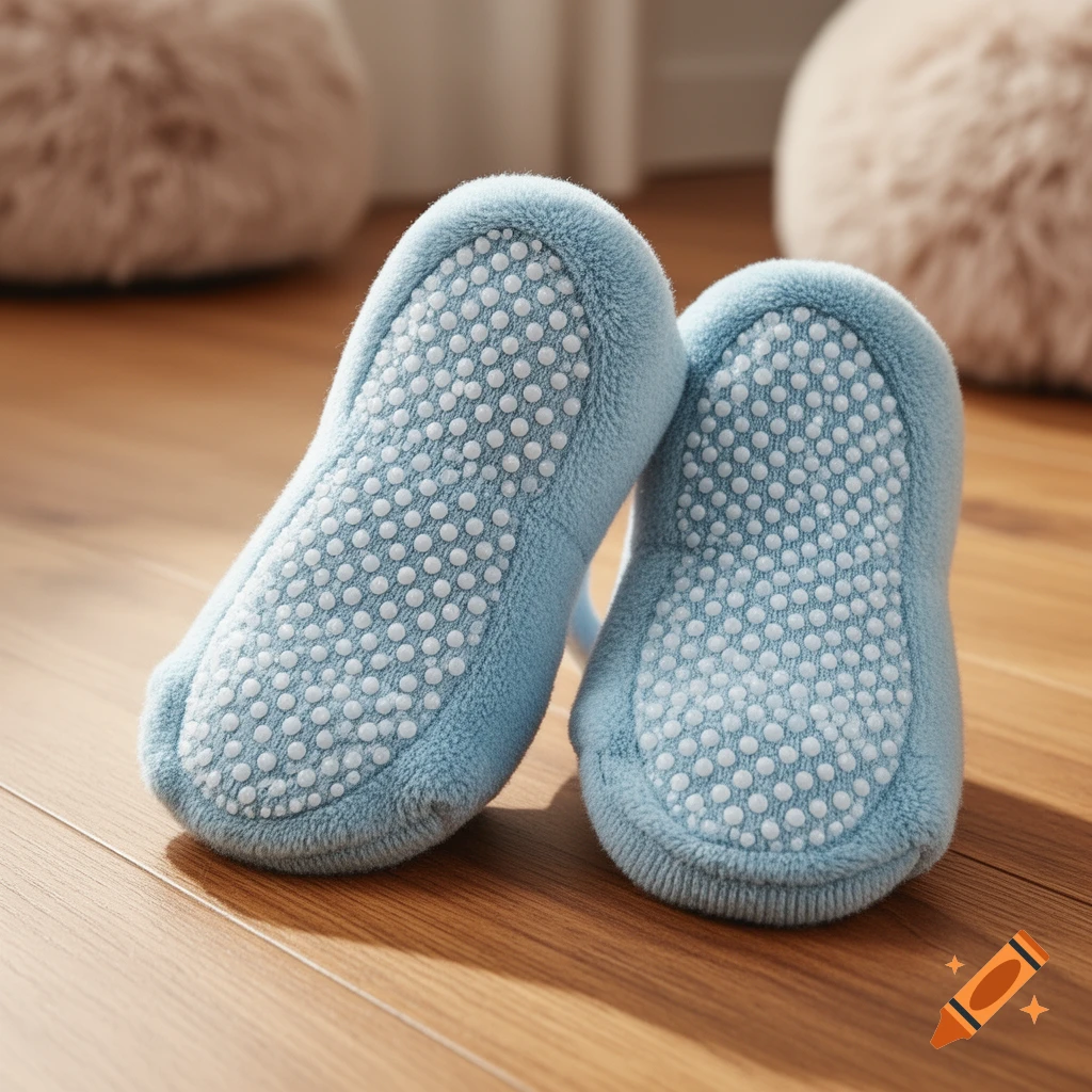 A pair of light blue fuzzy anti-slip socks with white grippers on the soles, resting on a wooden floor.