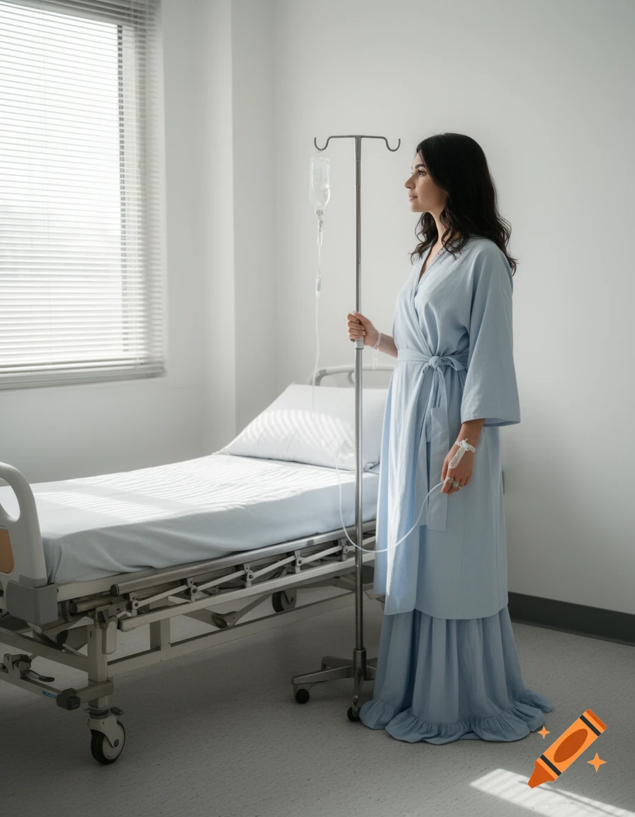 A woman in a light blue hospital gown stands by an empty hospital bed, holding an IV pole with an IV attached to her hand.