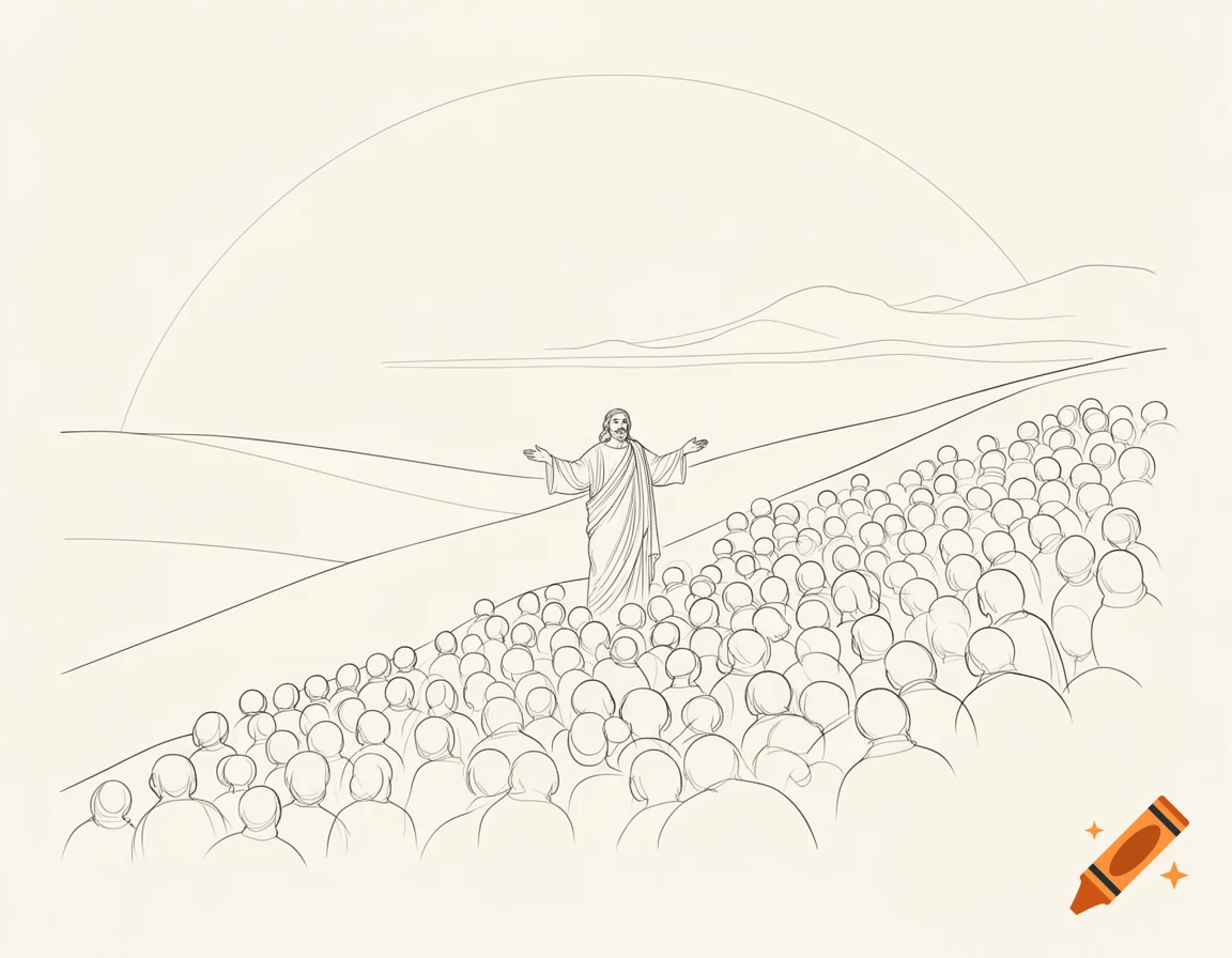 A line drawing of Jesus with outstretched arms addressing a large crowd on a hillside, with mountains and a faint arc in the background.