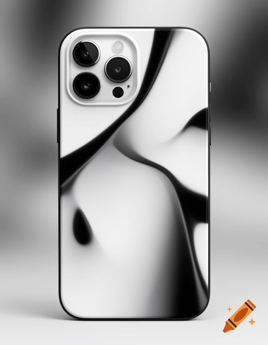 A modern iPhone with an abstract black and white wavy design on its case.