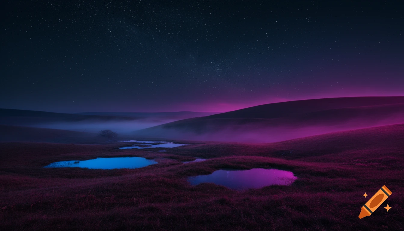 A dark, atmospheric landscape at night with rolling hills, misty valleys, and reflective pools, lit by neon blue and fuchsia hues under a starry sky.