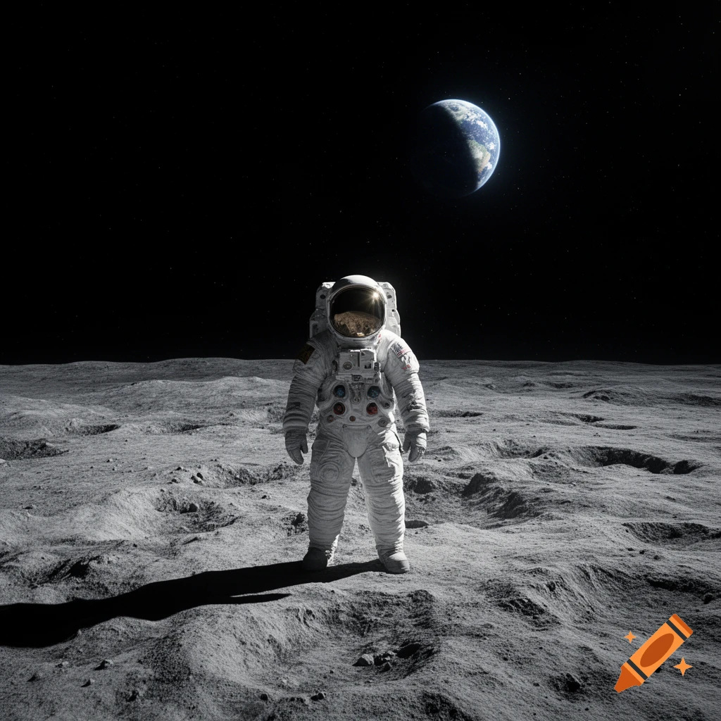 A photorealistic image of an astronaut standing on the desolate surface of the moon with Earth visible in the dark, starry sky.