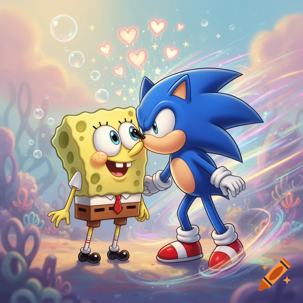 Spongebob Squarepants and Sonic the Hedgehog nuzzling cheeks, surrounded by hearts and bubbles in a colorful cartoon style.