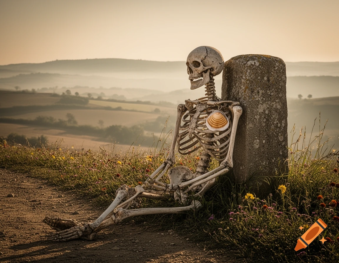 A skeleton with a shell pendant leans against a stone marker on a dirt path, overlooking a misty, rolling landscape at sunset.