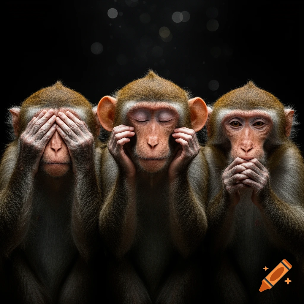 Three brown monkeys posing as 'see no evil, hear no evil, speak no evil' against a dark background in a photorealistic style.
