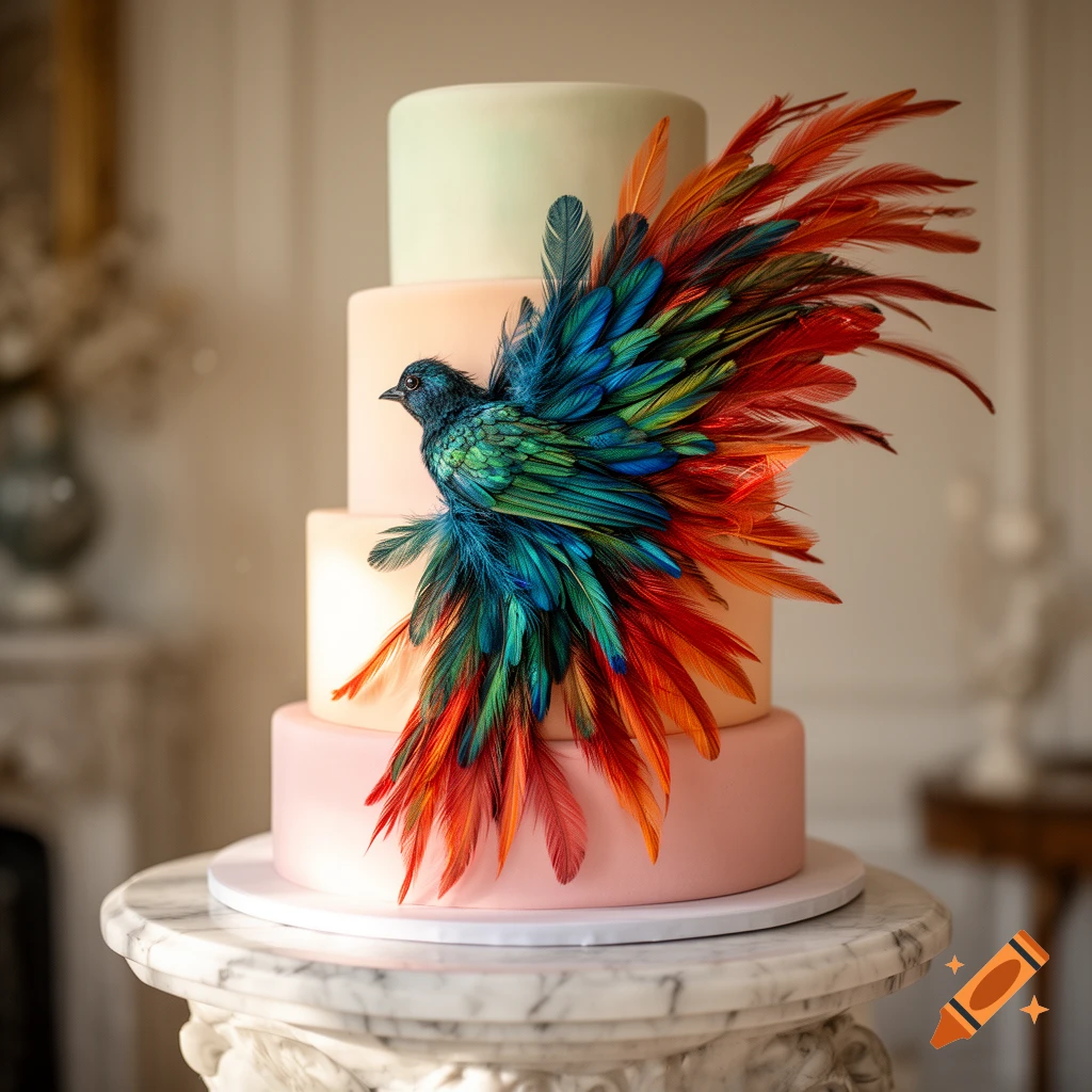 A multi-tiered pastel cake adorned with a vibrant bird made of blue, green, orange, and red feathers, on a marble pedestal.