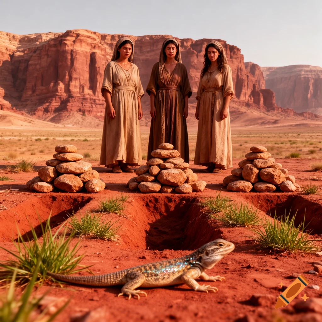 Three women in ancient attire stand sorrowfully before three stone-piled graves in a red desert landscape with a lizard in the foreground, against red rock formations.
