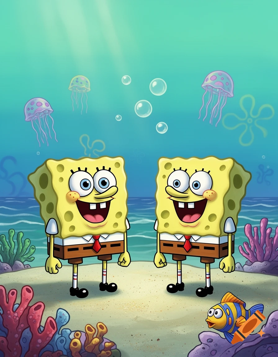 Two identical Spongebob Squarepants characters stand on the sandy ocean floor amidst colorful coral, jellyfish, and a small fish.
