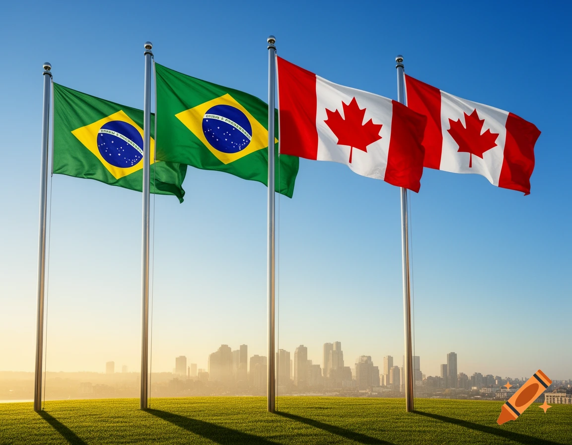 Two Brazilian flags and two Canadian flags wave on flagpoles over a city skyline at sunset from a grassy hill.