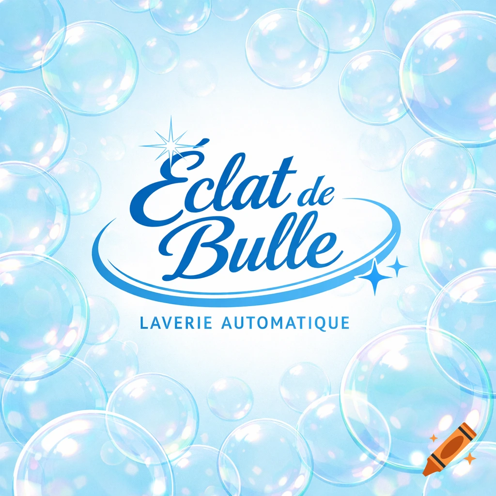 Blue logo 'Éclat de Bulle \u2013 Laverie Automatique' with a star icon, surrounded by translucent bubbles on a light blue background.
