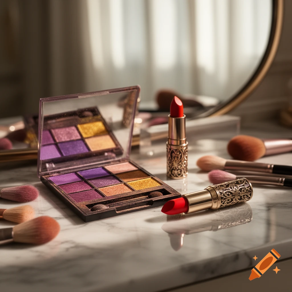 An open eyeshadow palette with colorful shades, two red lipsticks with ornate cases, and makeup brushes on a marble vanity, photorealistic.