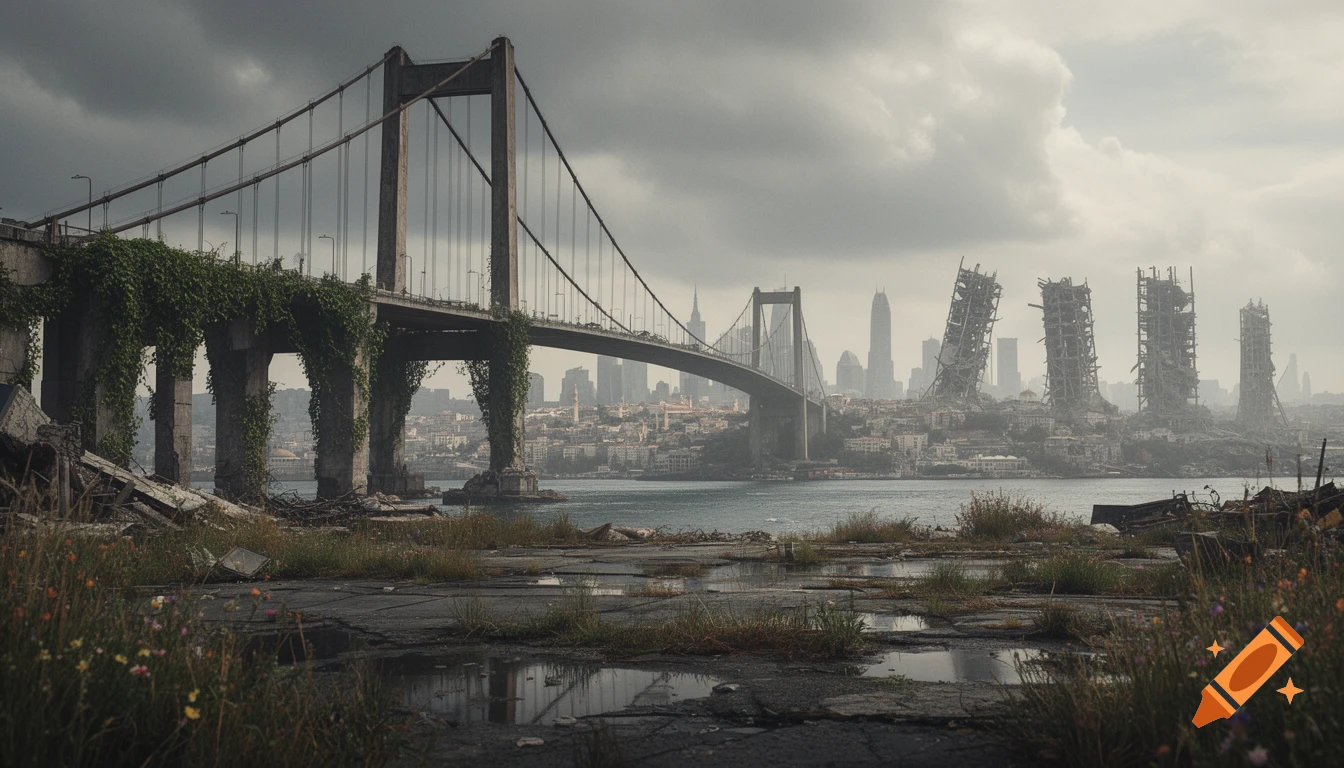 Overgrown suspension bridge spanning water with a ruined cityscape and collapsed skyscrapers under a cloudy sky, depicting a post-apocalyptic scene.
