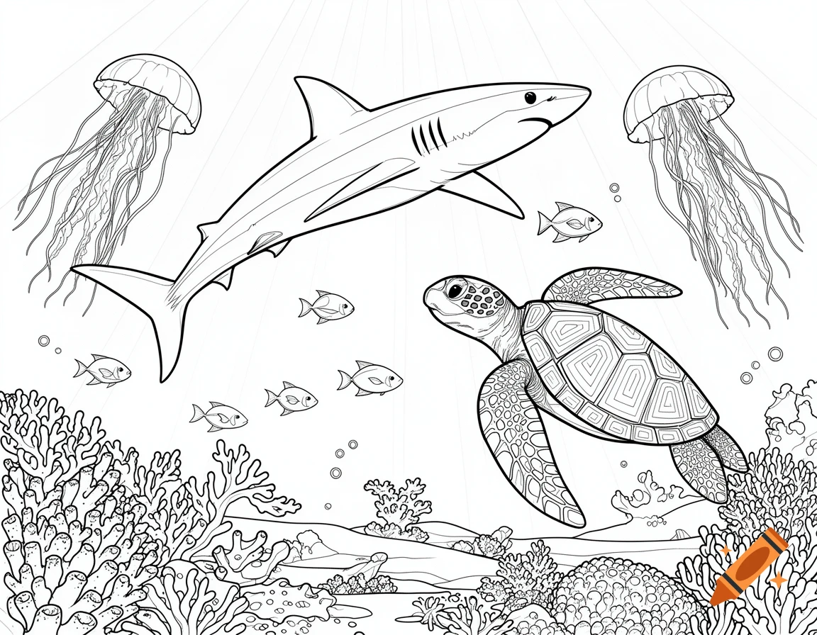 A black and white coloring page featuring a shark, a sea turtle, two jellyfish, and several small fish swimming around coral reefs.