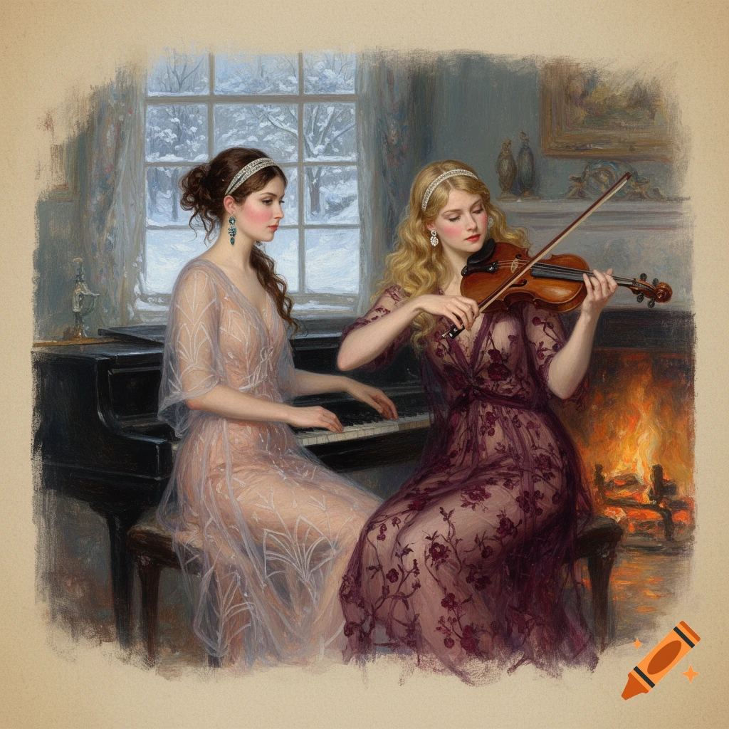 Impressionist painting of two women, one playing piano and the other playing violin, in a vintage room with a fireplace and snowy window.