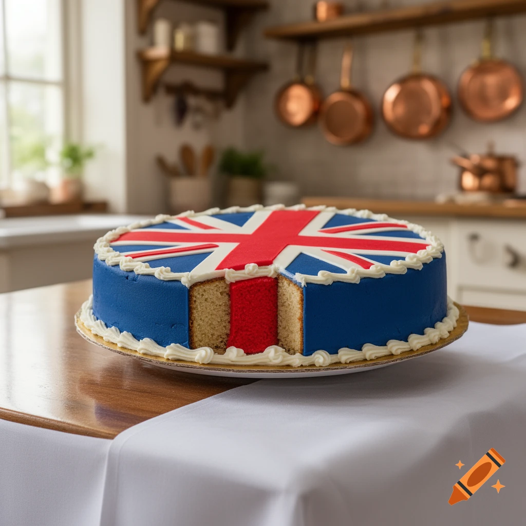 A photorealistic image of a round cake decorated with the United Kingdom flag, with a slice removed revealing a red layer inside. The cake sits on a wooden table in a kitchen.