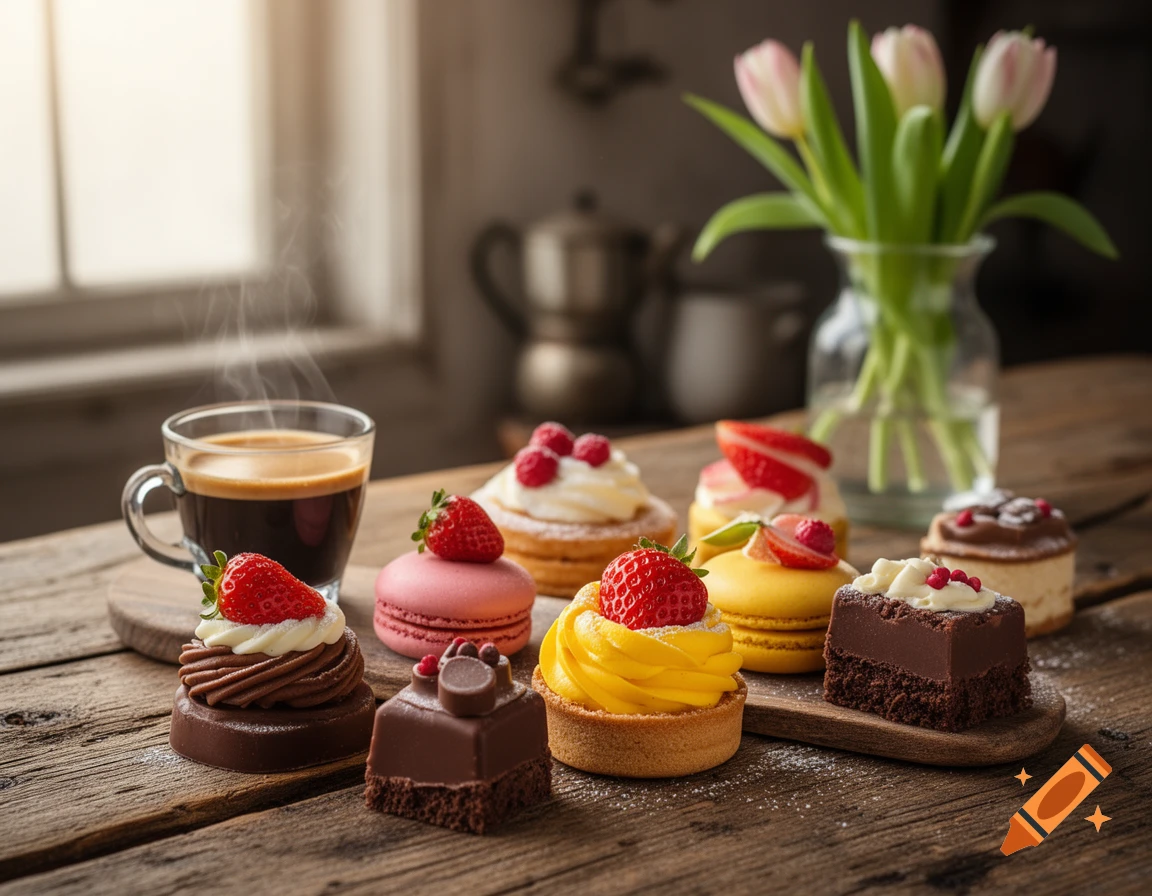 A spread of gourmet desserts, including macarons, tarts, and chocolate cakes, with a steaming coffee cup and tulips on a rustic wooden table.