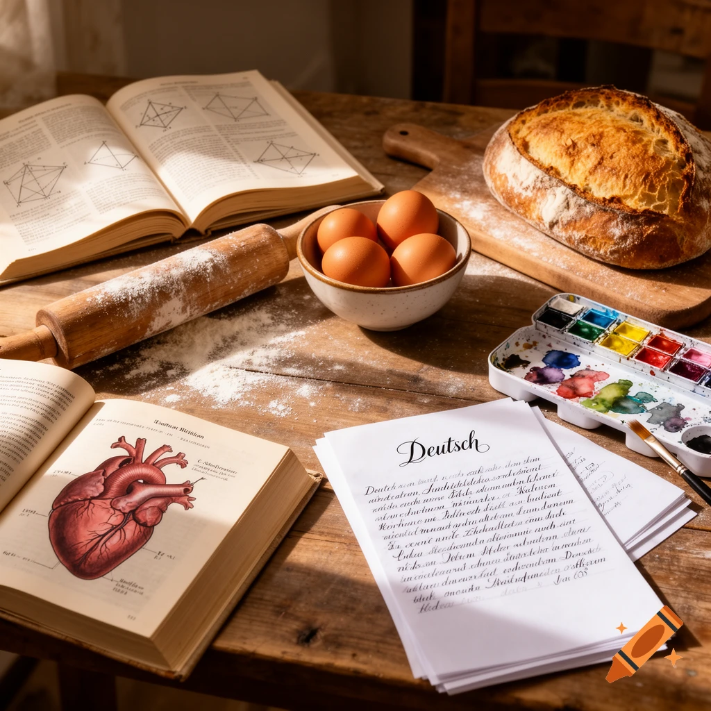 A rustic wooden table with baking ingredients (eggs, flour, bread), a rolling pin, open textbooks (math, anatomy), handwritten notes, and a watercolor palette.