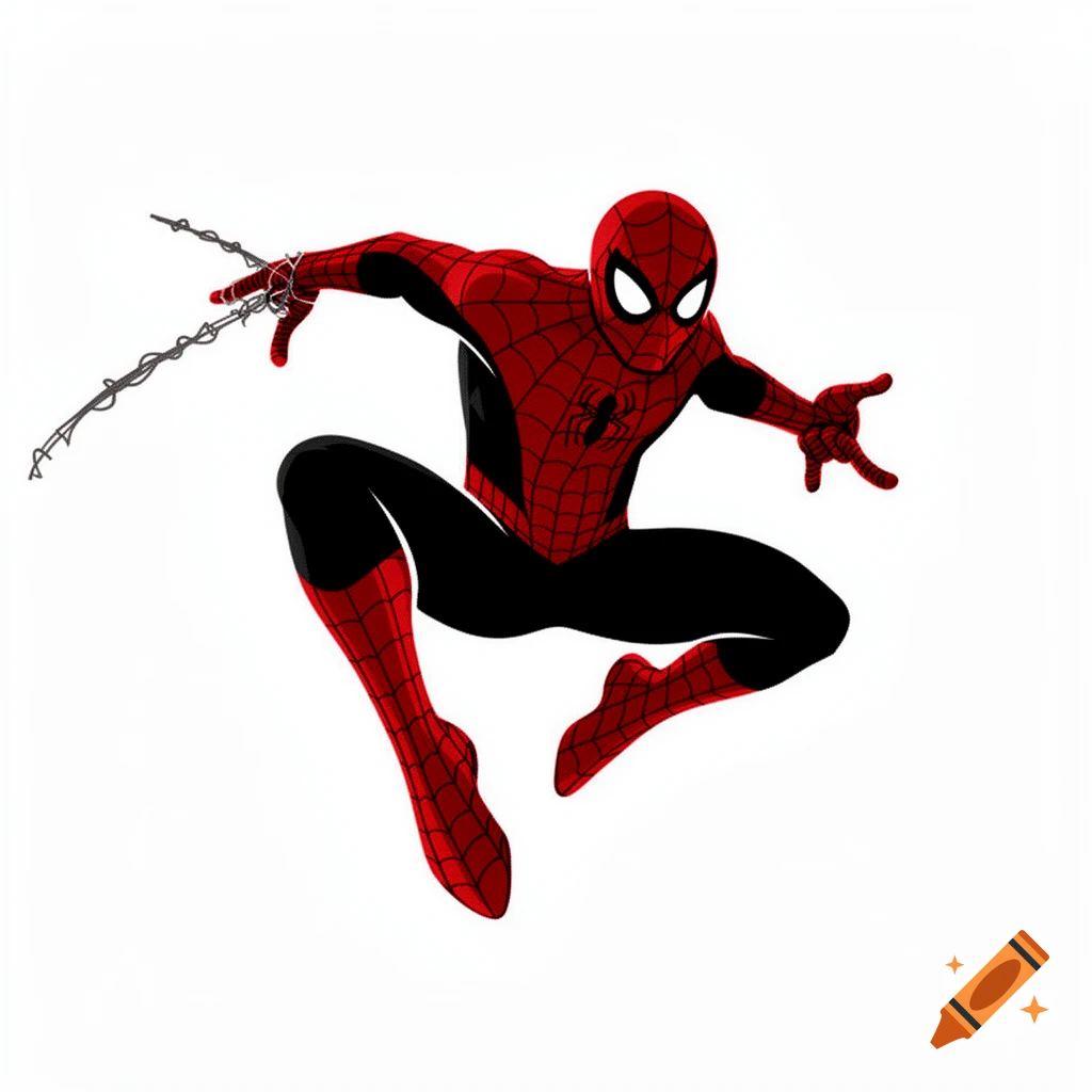 Cartoon Spider-Man in red and black suit, crouching with web fluid shooting from his wrist.