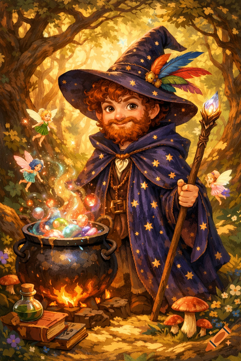 A young, bearded wizard in a starry blue robe and hat stirs a magical cauldron in a whimsical forest with fairies.