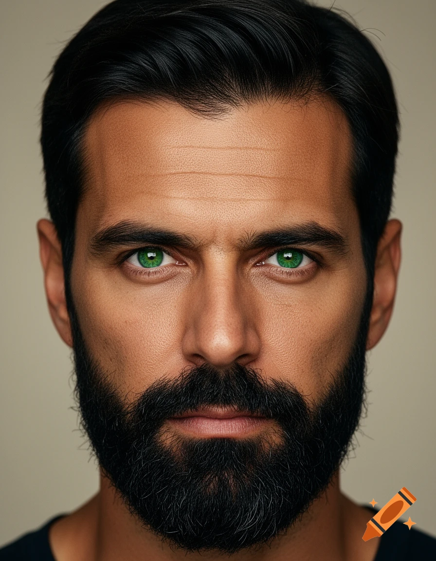Close-up hyperrealistic portrait of a man with dark hair, a thick black beard, and striking green eyes.