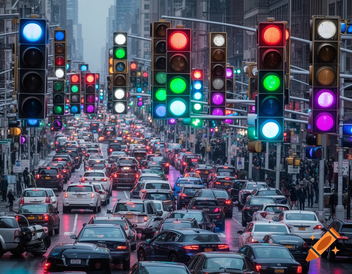 A dense, photorealistic city street scene at night, packed with cars in traffic and illuminated by countless colorful traffic lights.