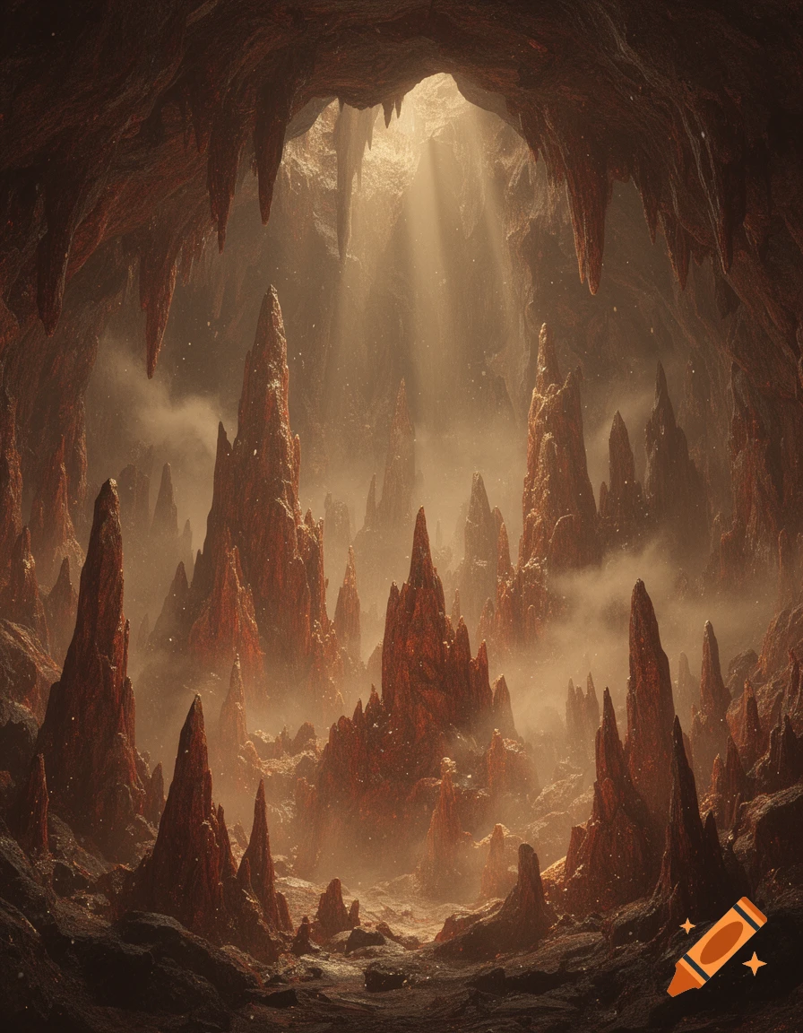 Sunlight beams down into a vast underground cavern filled with towering, jagged red rock formations and mist.