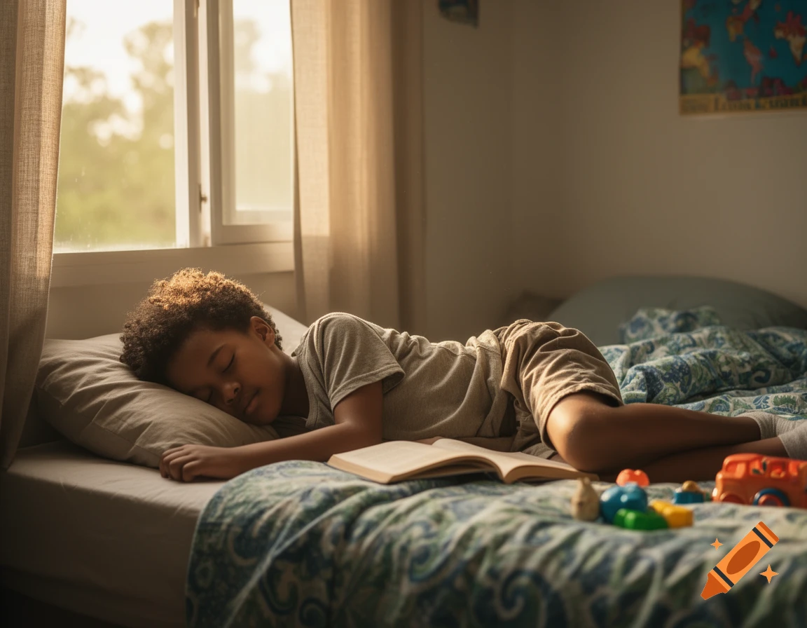 A young Black boy sleeps soundly on a bed in a sunlit room, with an open book and toys on the blanket.