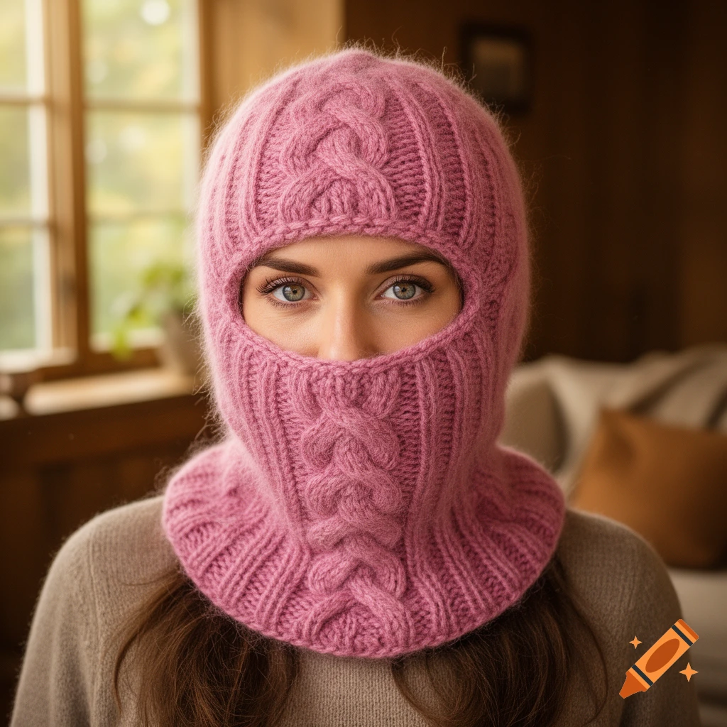 A woman wearing a pink knitted balaclava with cable patterns, looking directly at the viewer.