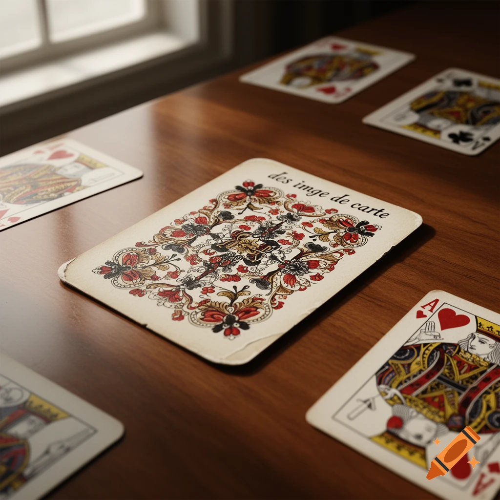 Playing cards, one featuring ornate design and text "des imge de carte", scattered on a polished wooden table.