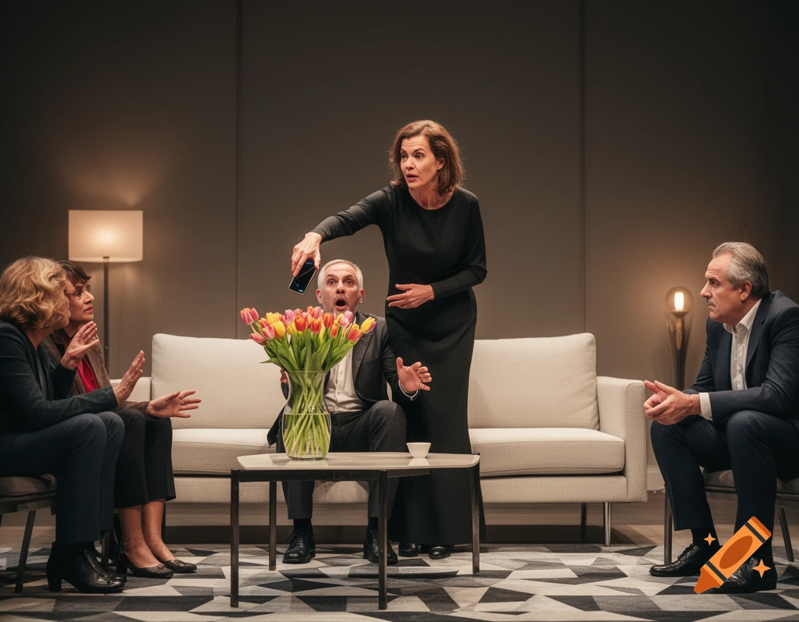 A dramatic theater scene with a woman pulling a phone from a man over a vase of tulips, while other people react in a modern living room setting.