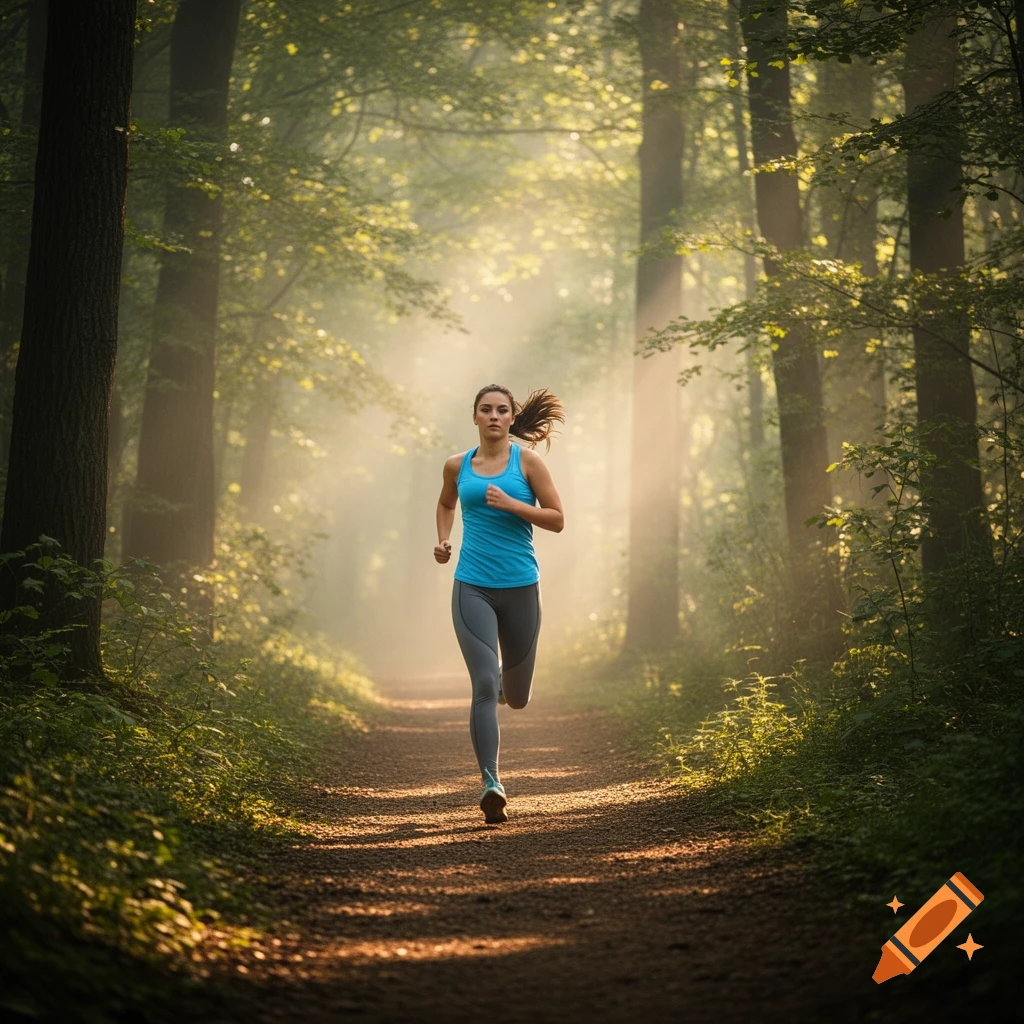A woman runs on a sunlit, misty path through a dense forest, depicting fitness and wellness.