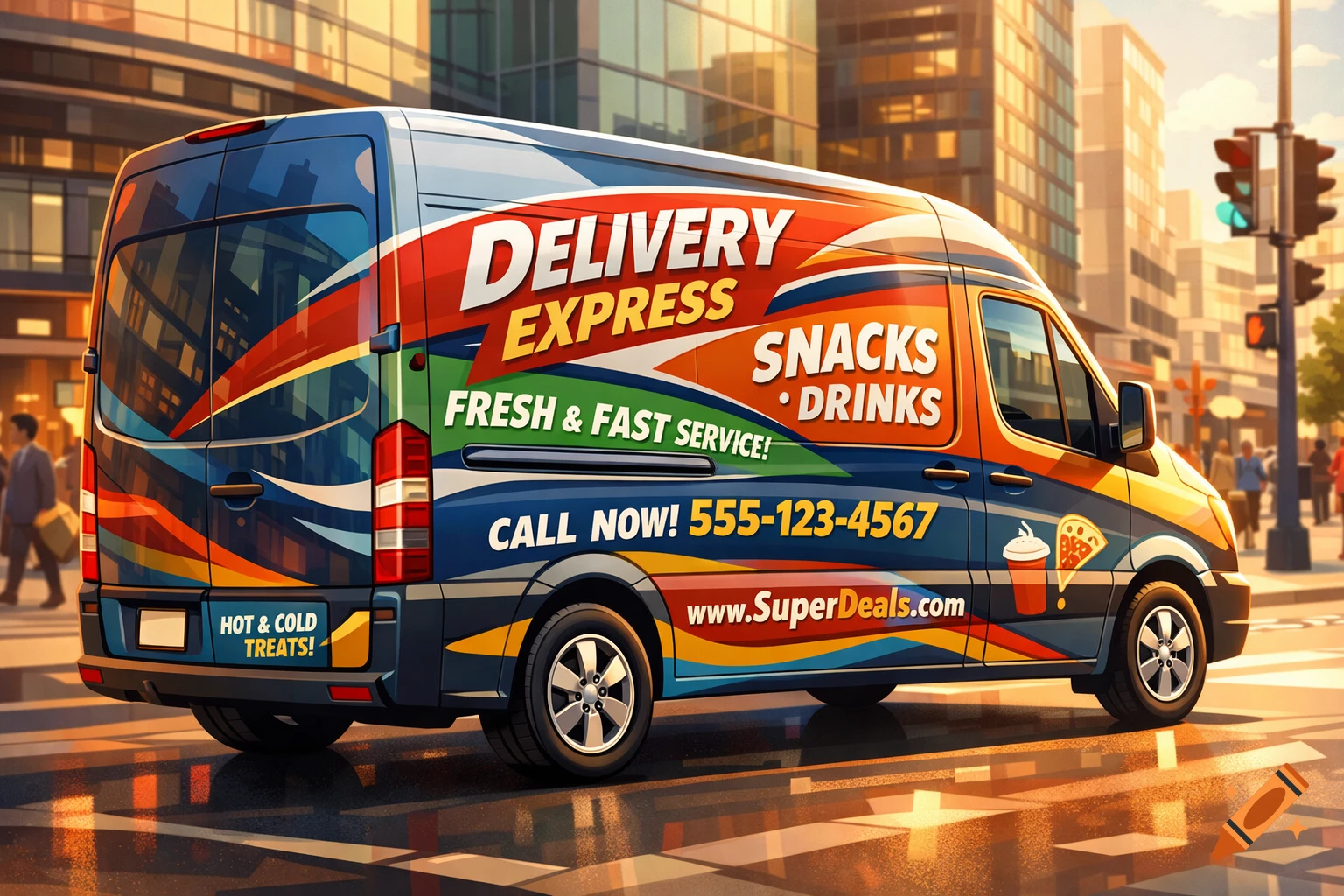 A stylized, colorful delivery express van with food and drink advertisements drives on a city street at sunset.