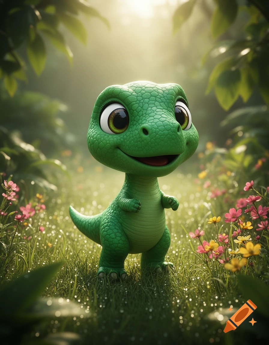 A cute, green, cartoon dinosaur with big eyes stands smiling in a lush, dewy forest with pink and yellow flowers.