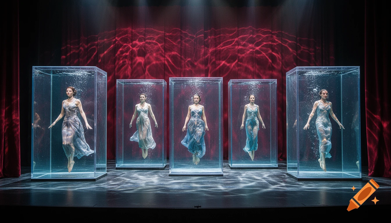 Five women in flowing dresses float suspended in individual transparent water tanks on a dark theater stage with red curtains.