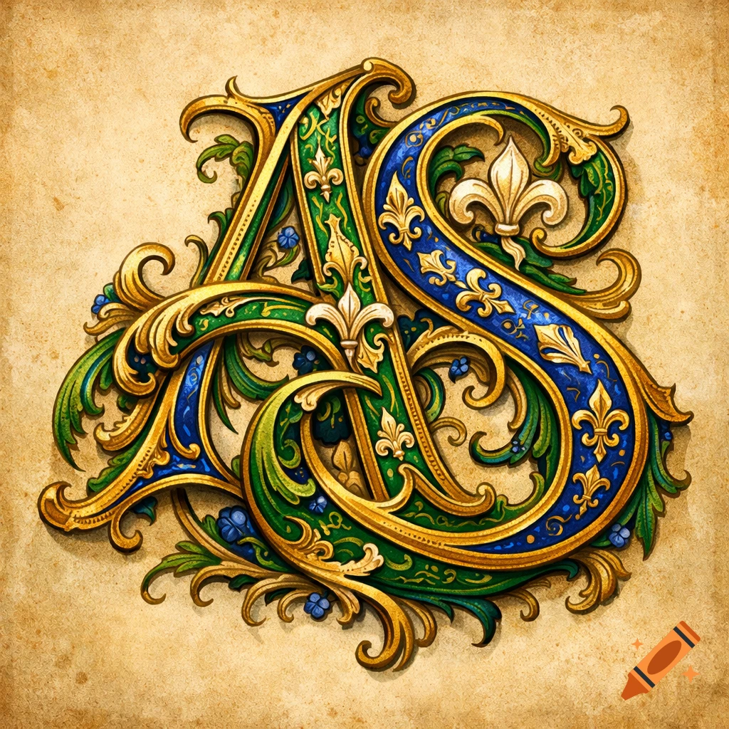 Ornate monogram of intertwined green, blue, and gold letters A and S, decorated with fleur de lis and foliage on a textured background.