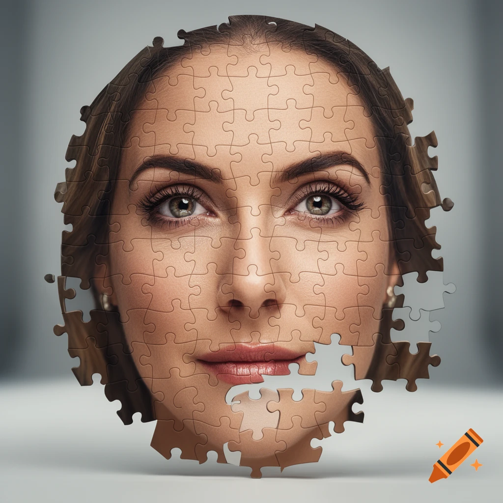 Close-up of a woman's photorealistic face composed of jigsaw puzzle pieces, with some pieces missing from the bottom right.