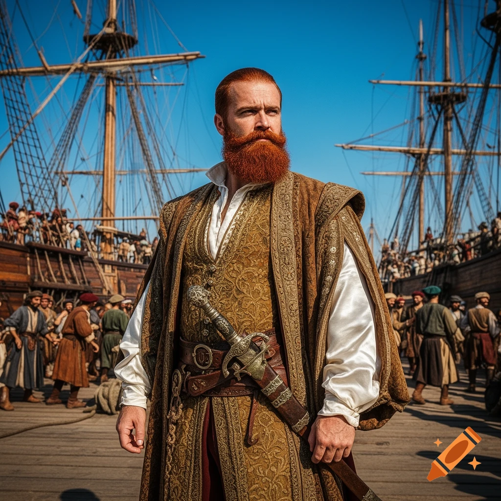 A red-bearded man in ornate historical attire stands on a dock with large wooden sailing ships and a crowd in the background.