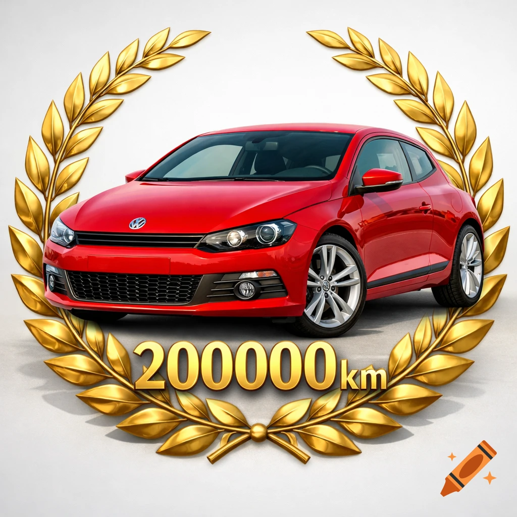 A red VW Scirocco car shown within a golden laurel wreath, with the text "200000km" centered below it, on a light background.