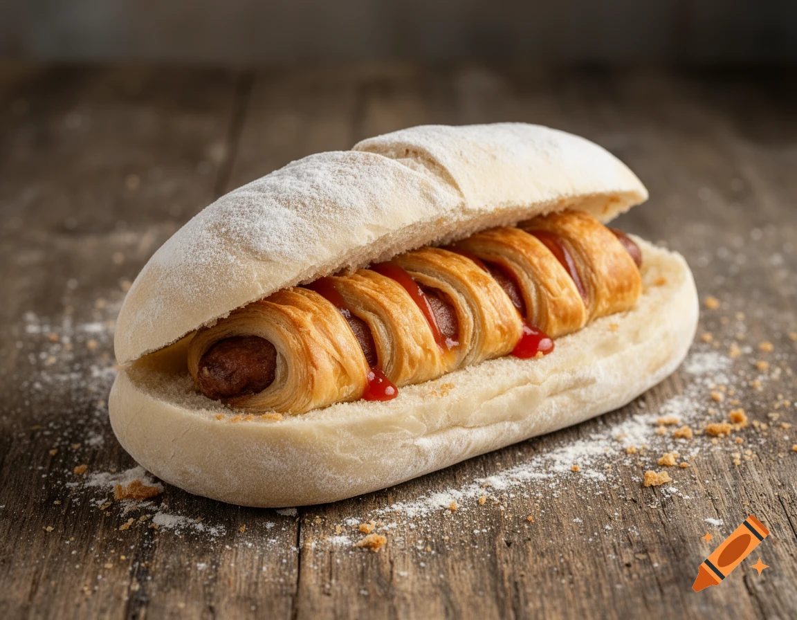 A hyper-realistic close-up of a sausage roll in a flour-dusted white bread bun with ketchup on a rustic wooden table.