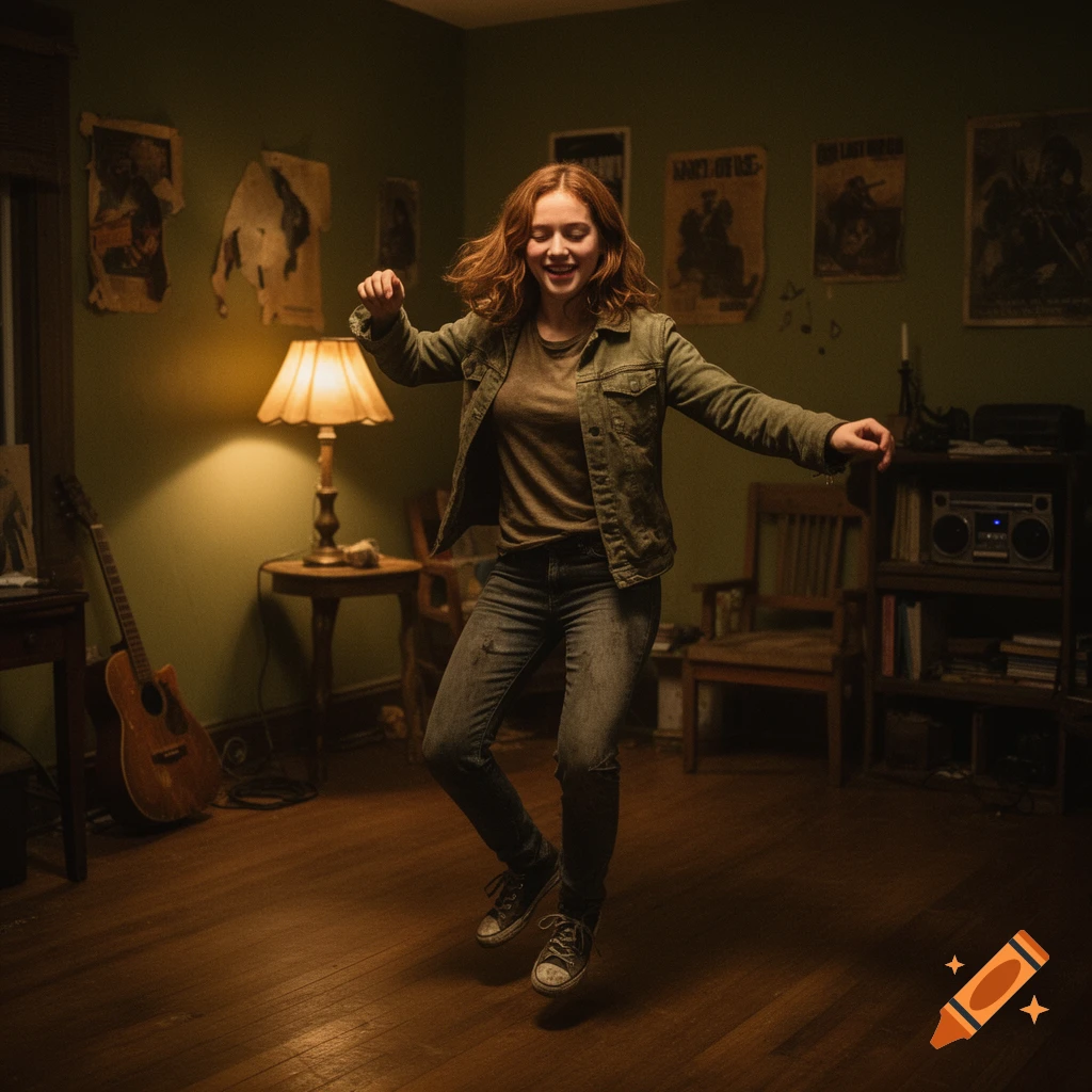 A young red-haired woman, resembling Ellie Williams, dances joyfully in a dimly lit room with a lamp, guitar, and posters.
