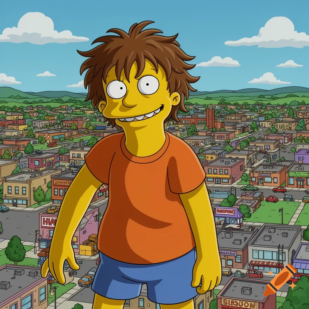 Nelson Muntz from The Simpsons standing giant-sized over a sprawling cartoon city under a blue sky.