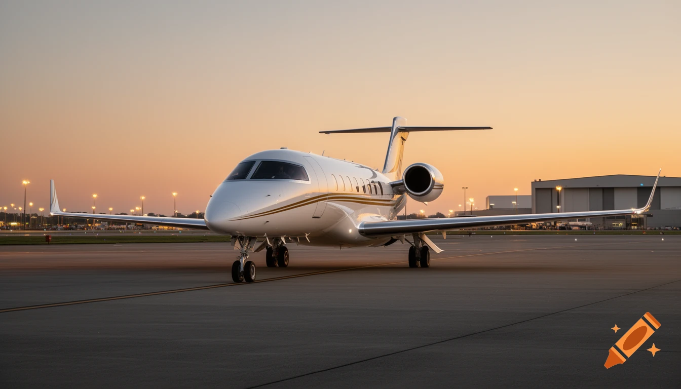 A sleek white and gold private jet sits on an airport tarmac at sunset, with hangars and runway lights in the background.