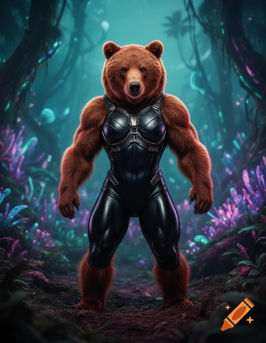 A muscular reddish-brown anthro bear in a black armored latex catsuit stands in an alien jungle with glowing purple and blue plants.