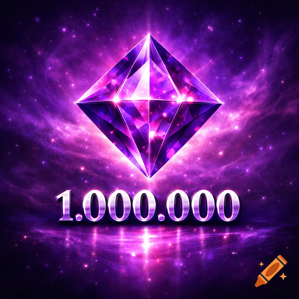 A sparkling purple octahedron gem floats above the number "1.000.000" against a vibrant cosmic background filled with stars and nebulae.