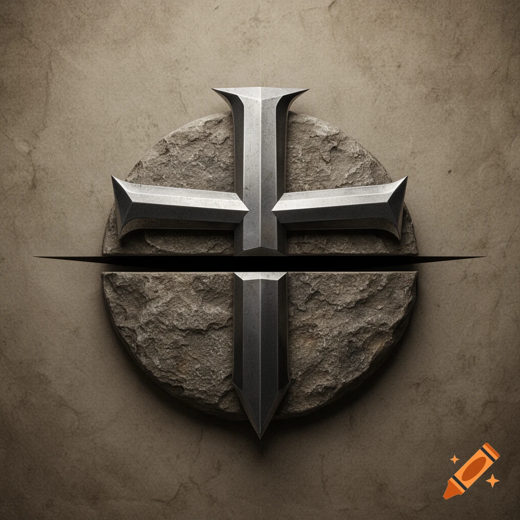 A stylized grey metal cross with pointed ends set into a rough, split stone circle against a textured brown wall.